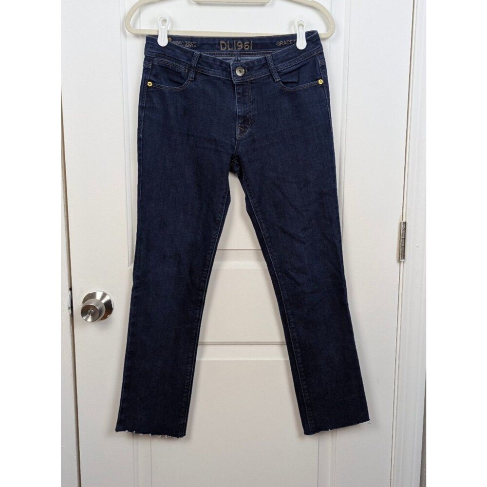 DL1961 | Grace High Rise Straight Dark Indigo Jeans Raw Hem Size 28